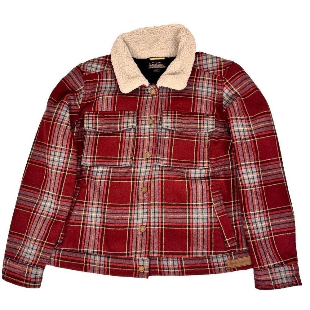 Noble‎ Outfitters Flannel Jacket Women Large Red Plaid Sherpa Fleece Lined Snap